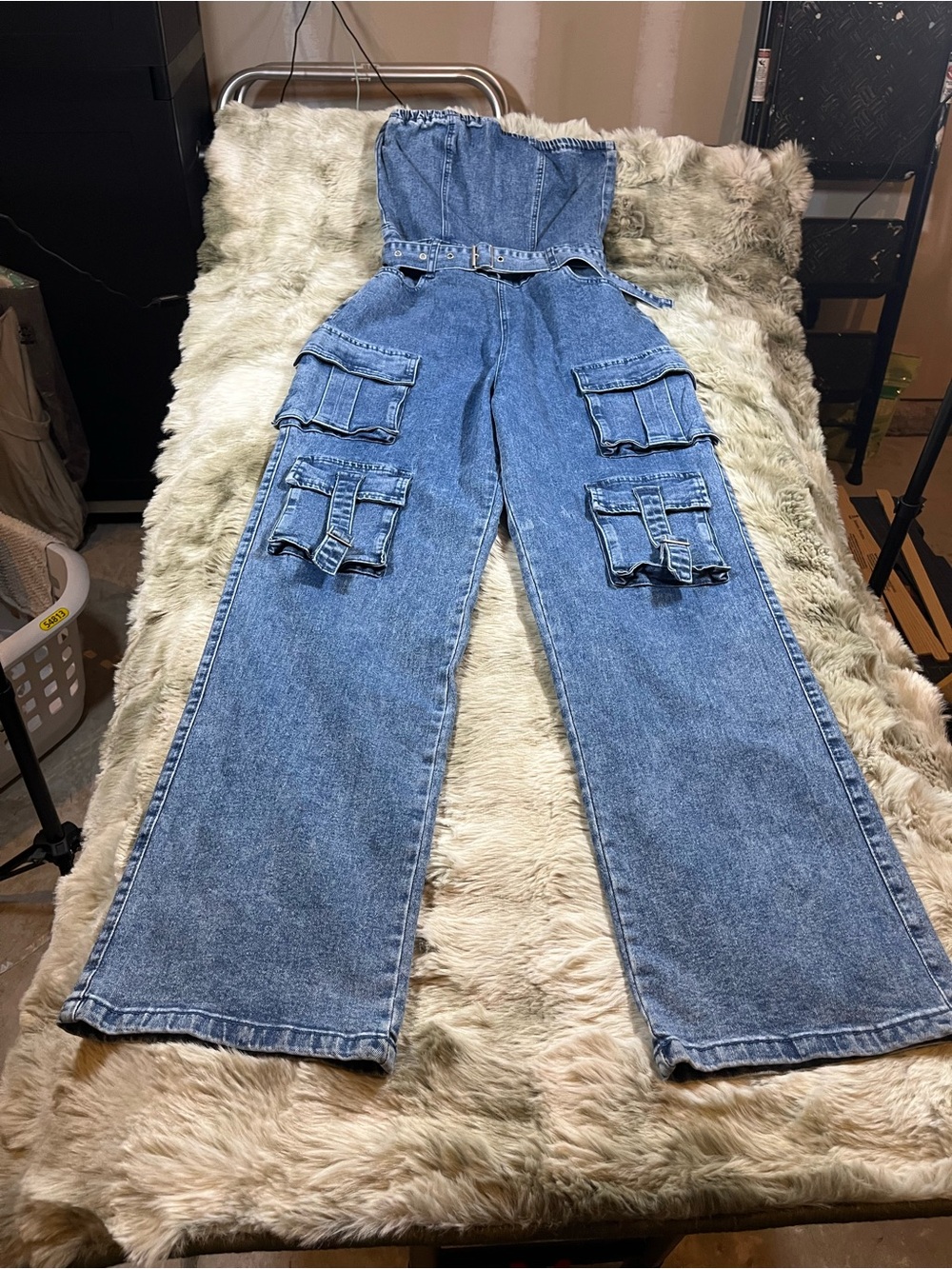 Blue Asphalt Medium Blue Denim Belted Strapless Jumpsuit - Cargo Pockets